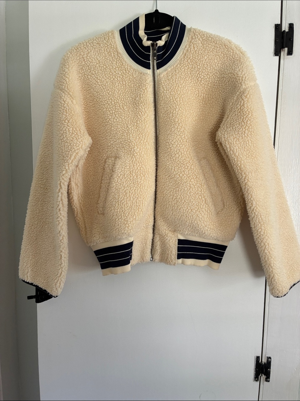 Madewell Cream Sherpa Jacket with Navy Trim